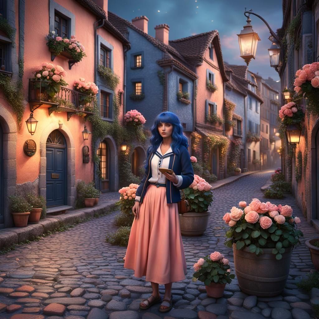 Scared Woman Reading Book in Historic Town