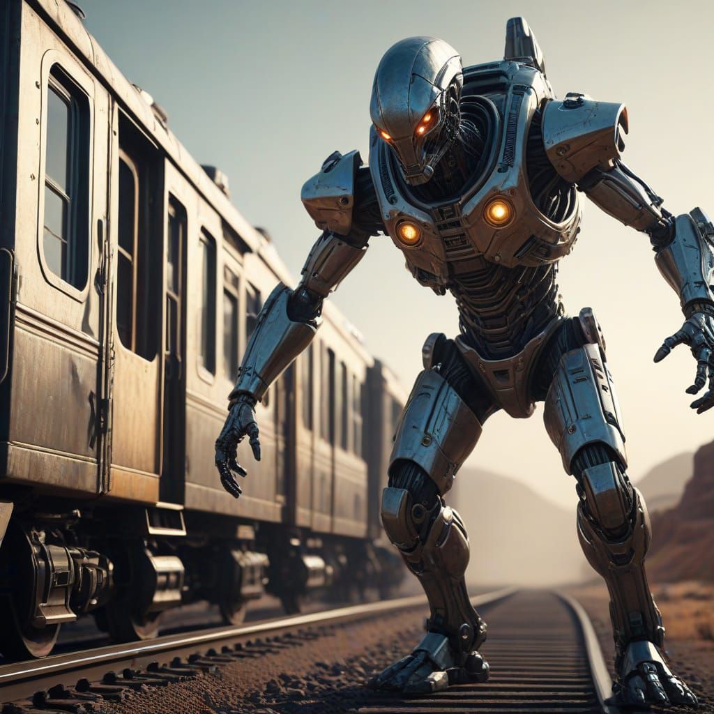 Alien Astronaut Robs Wild West Train in Sci-Fi Art