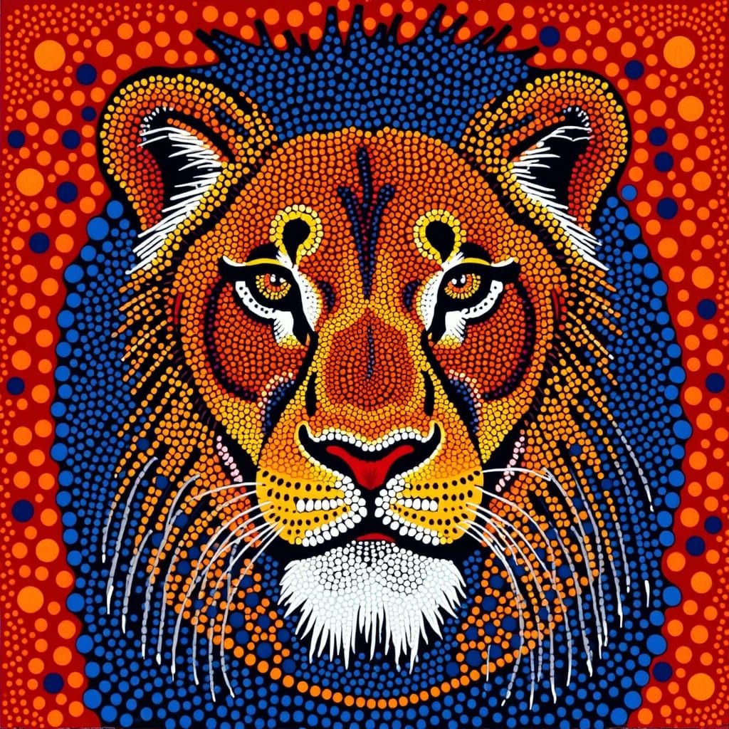 Ancient Lion Portrait in Traditional Aboriginal Dot Painting...