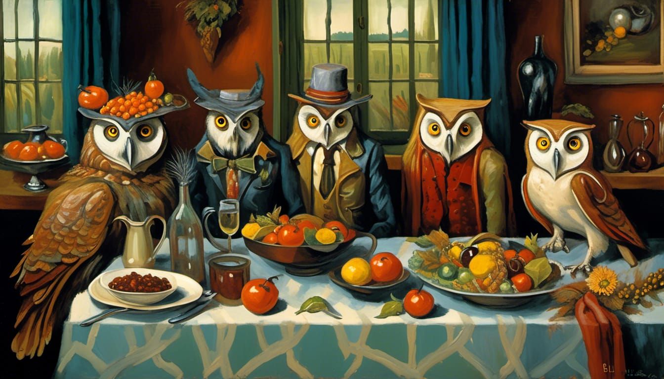 Owls' Harvest Feast in Cyberpunk American Gothic Style