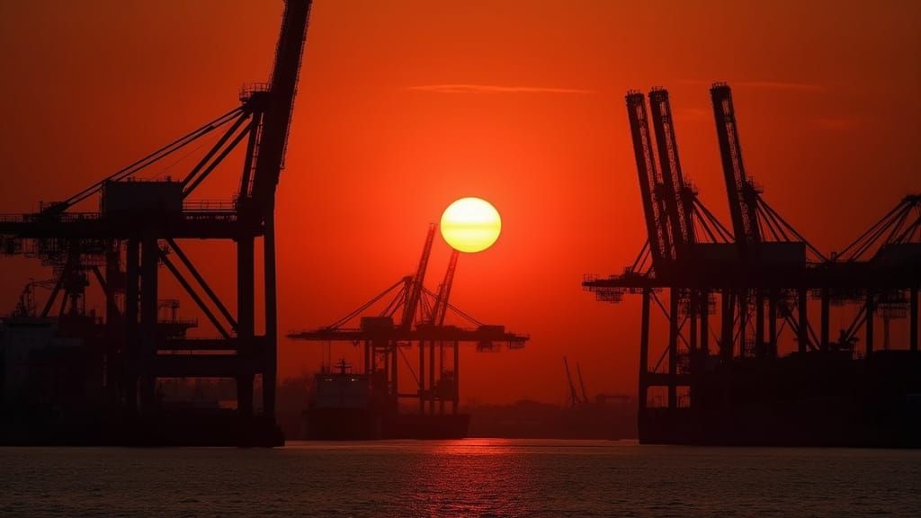 Silhouette of Cranes and Ships at Sunset