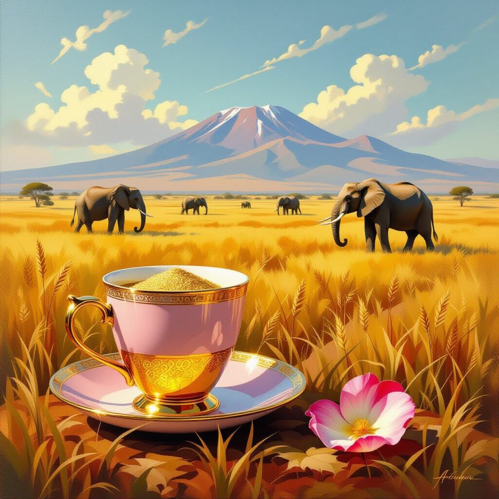 Golden Cup and Elephants in Savanna Oil Painting