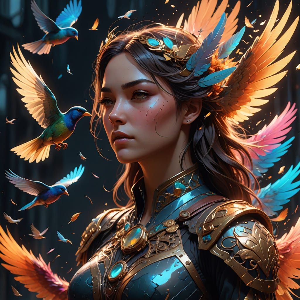 Surreal Portrait of Release With Birds Transforming into Lig...