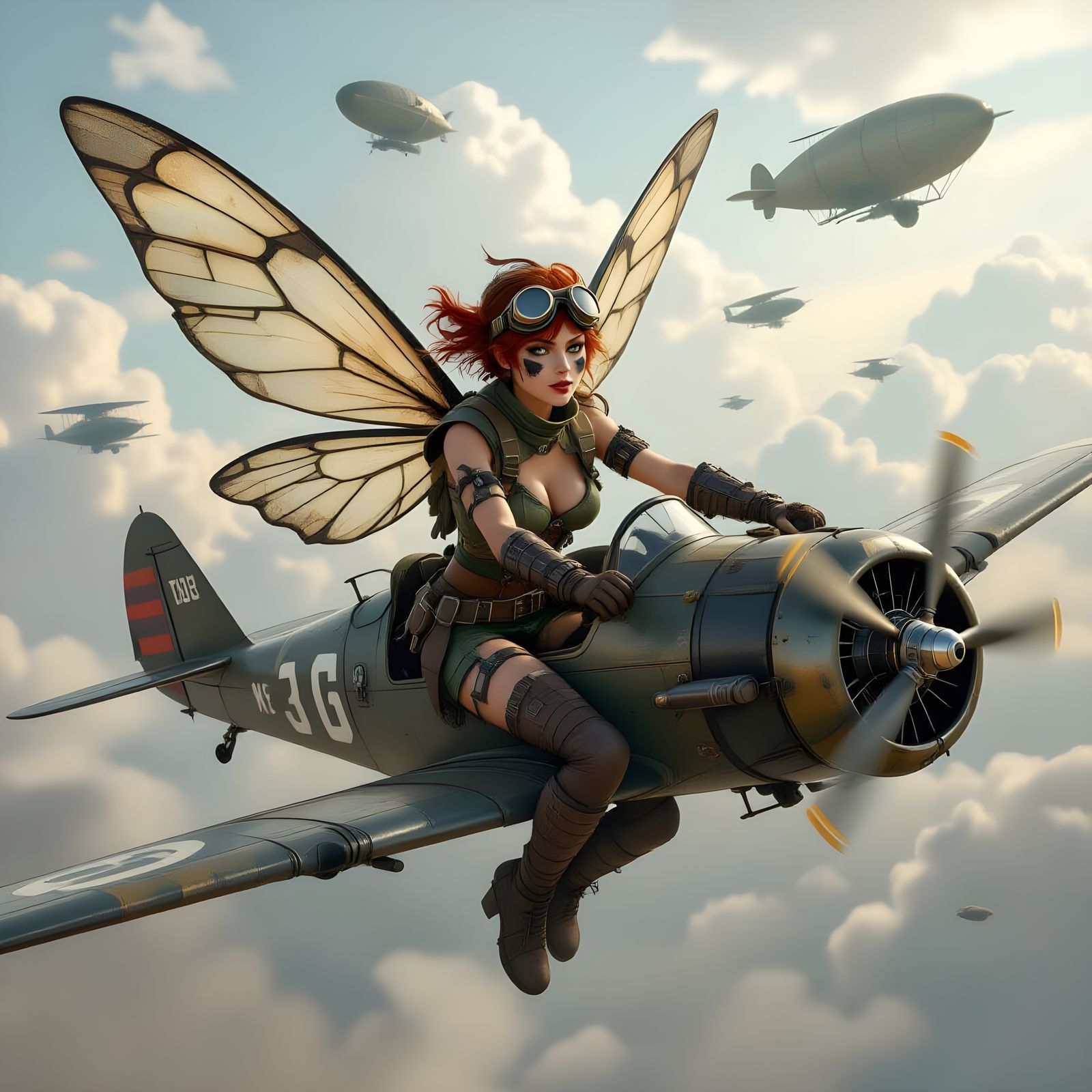 Dieselpunk Fairy Soaring Through Smoggy Skies