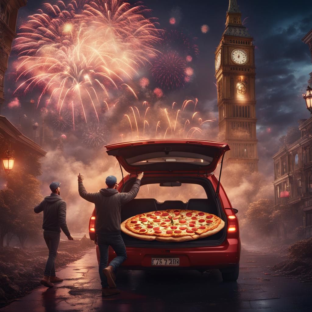 Pizza Delivery on New Year's Eve in Detailed Matte Painting