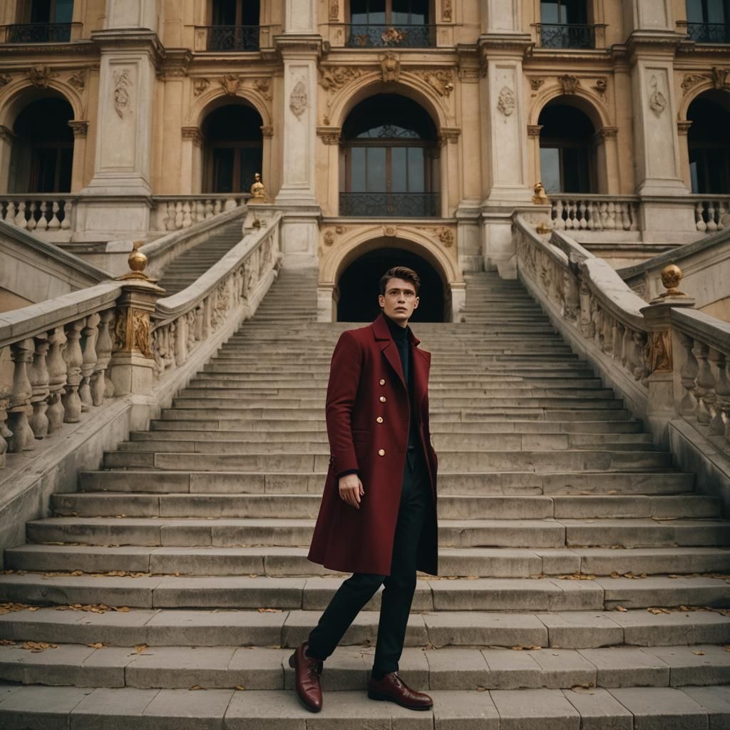 Man in Red Coat at Palace Staircase