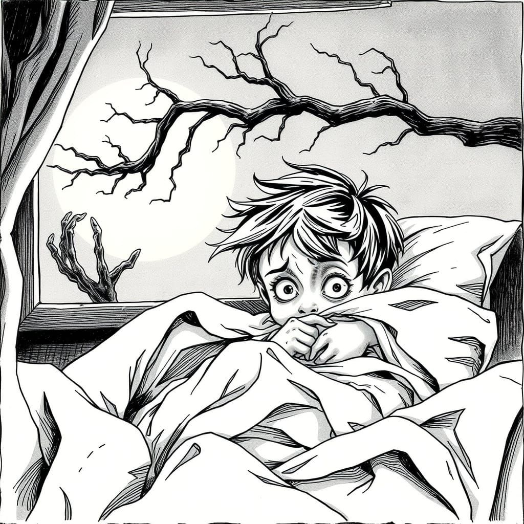 Boy Hides from Shadows in Moonlit Bedroom