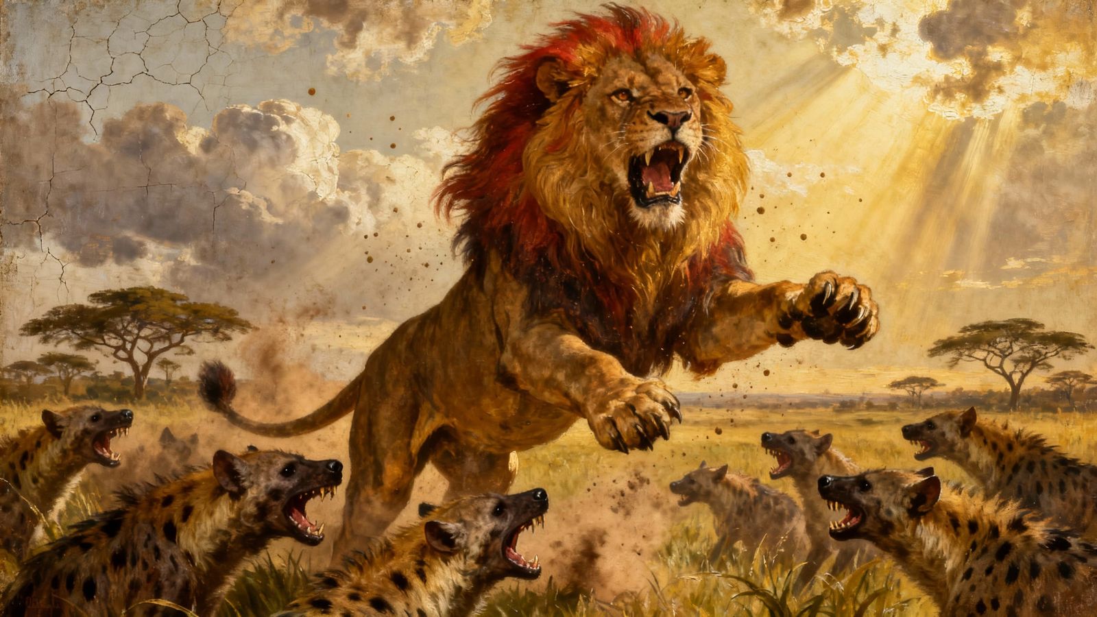 Lion Roaring in Fierce Battle with Hyenas