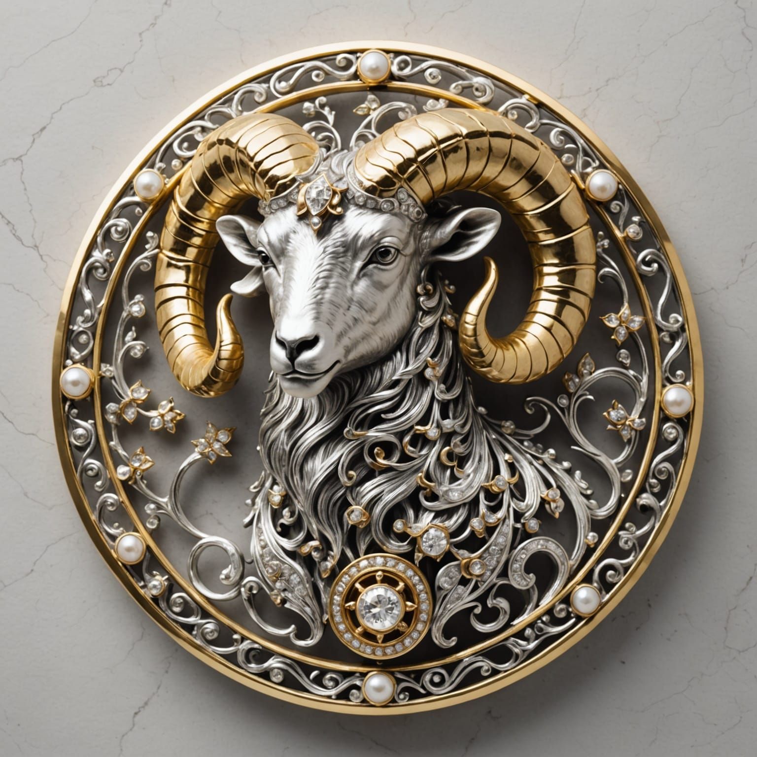 Luxurious Aries Zodiac Sculpture in Gold and Silver