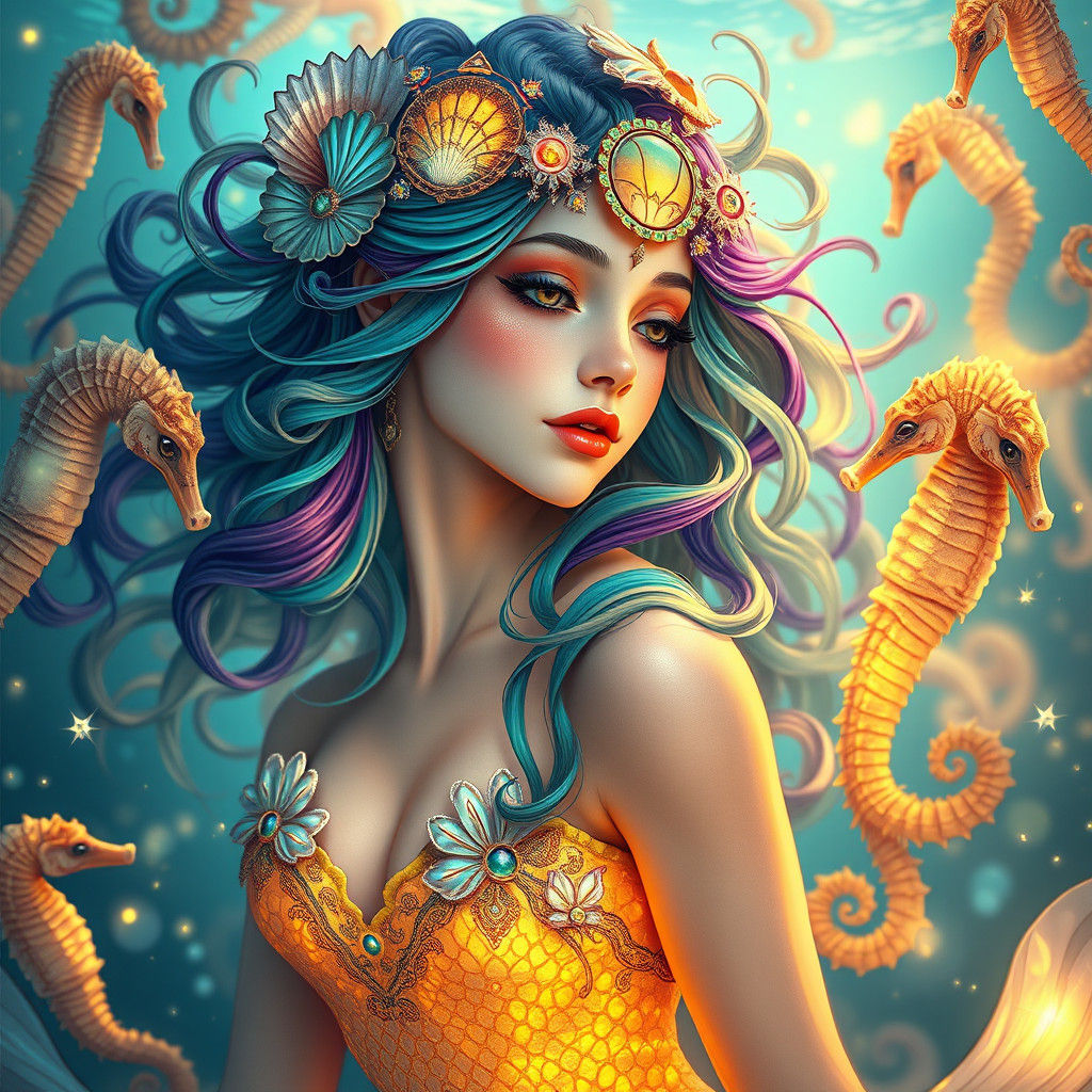 Fantasy Mermaid in Art Nouveau Style with Seahorses