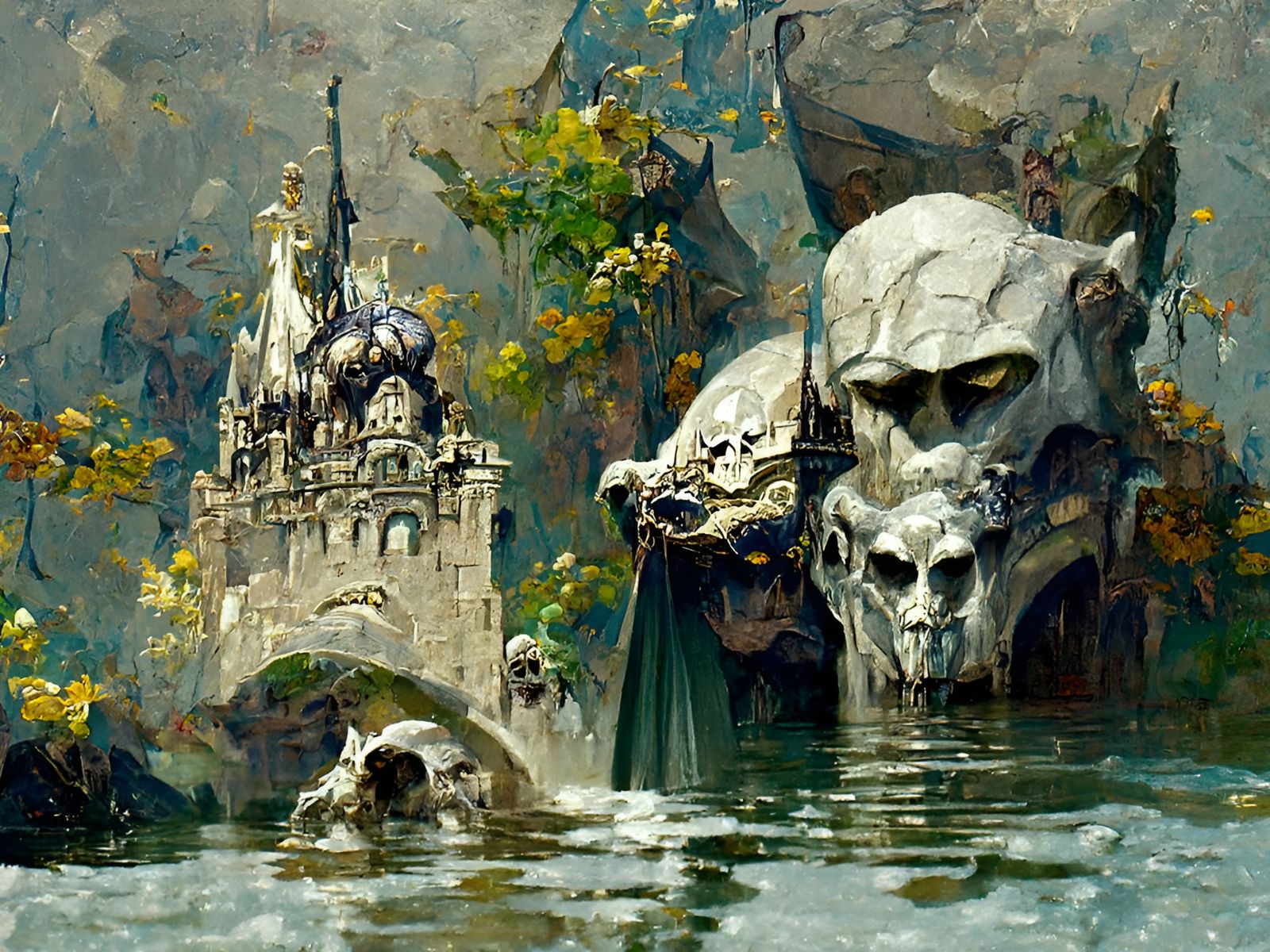 Skull castle with gargoyle guards and a moat made of lakes sinister by Greg Rutkowski oil painting by James Gurney detai...