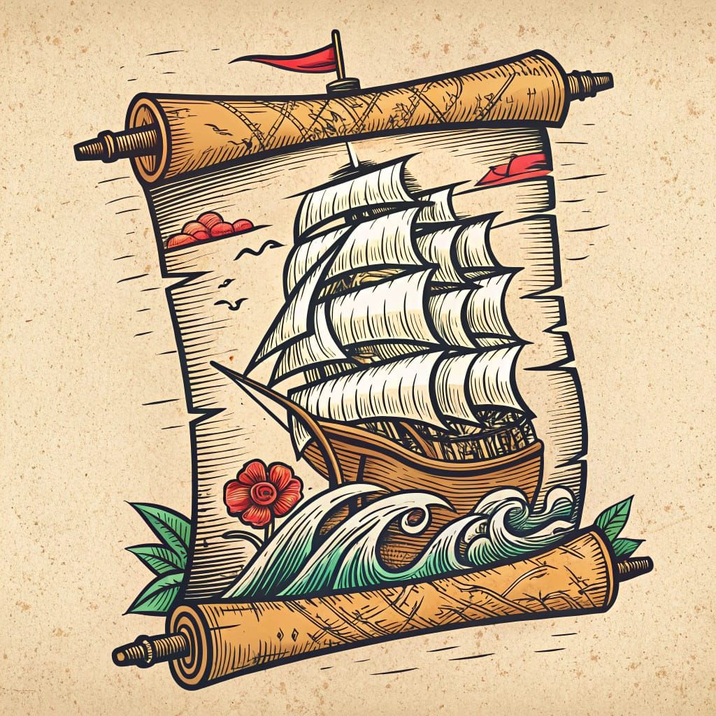 Traditional Sailboat Tattoo Art in Woodcut Style