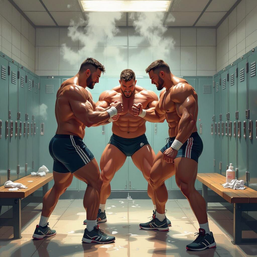 Locker Room Lotion Wrestling in Digital Art Style
