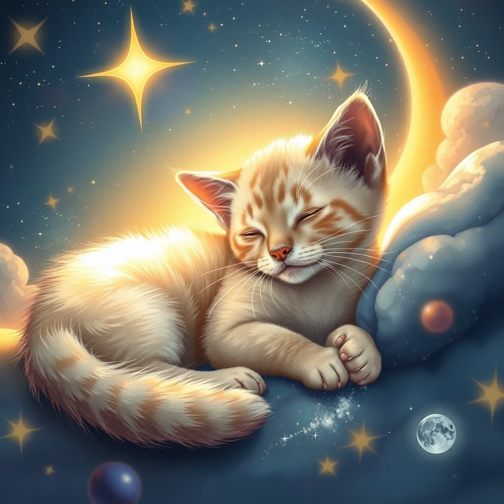 Cat Nap on Crescent Moon in Cosmic Style