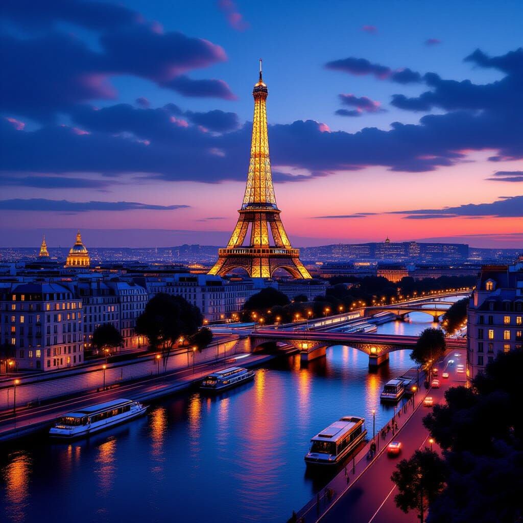 Paris Twilight: Eiffel Tower and Seine River Illuminated