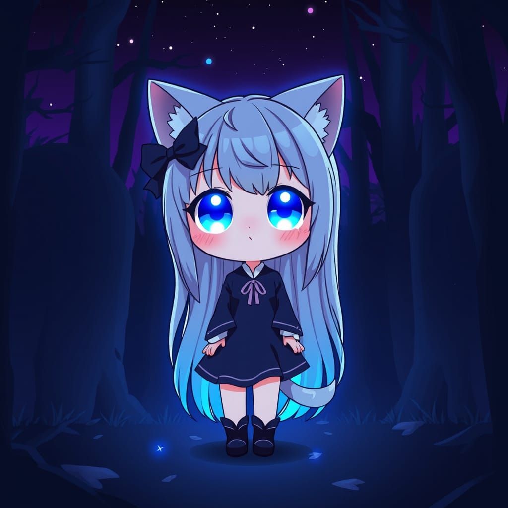 Adorable Chibi Catgirl Illuminates Dark Forest in Neon Synth...