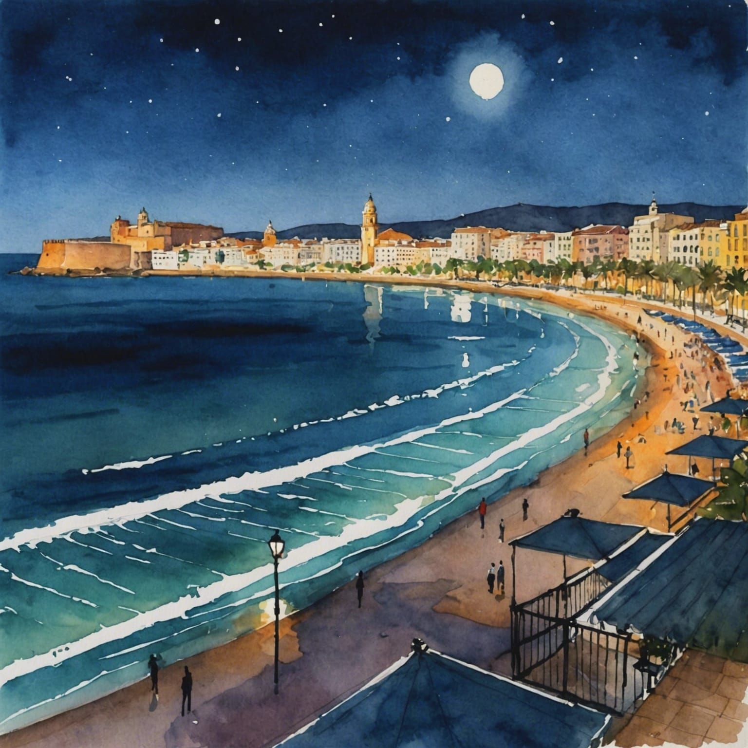 Malaga Night Cityscape in Watercolor Style