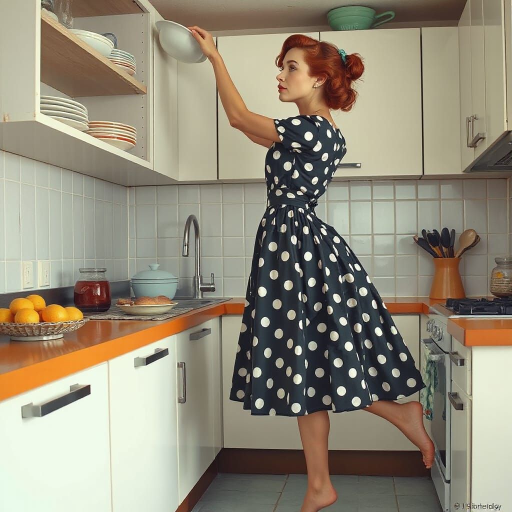 Tradwife Reaching for Plate in 1950s Kitchen