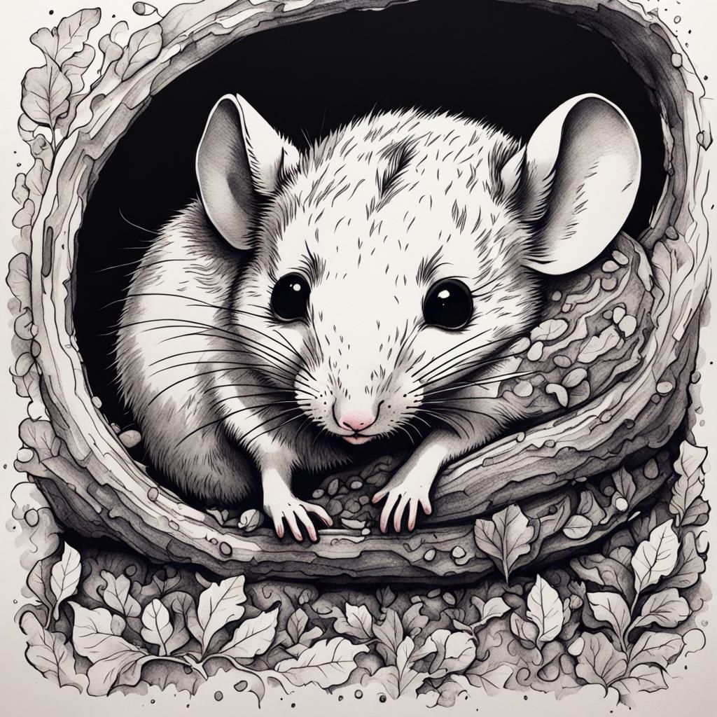 Cute Mouse Sleeping: Maximalist Ink Drawing