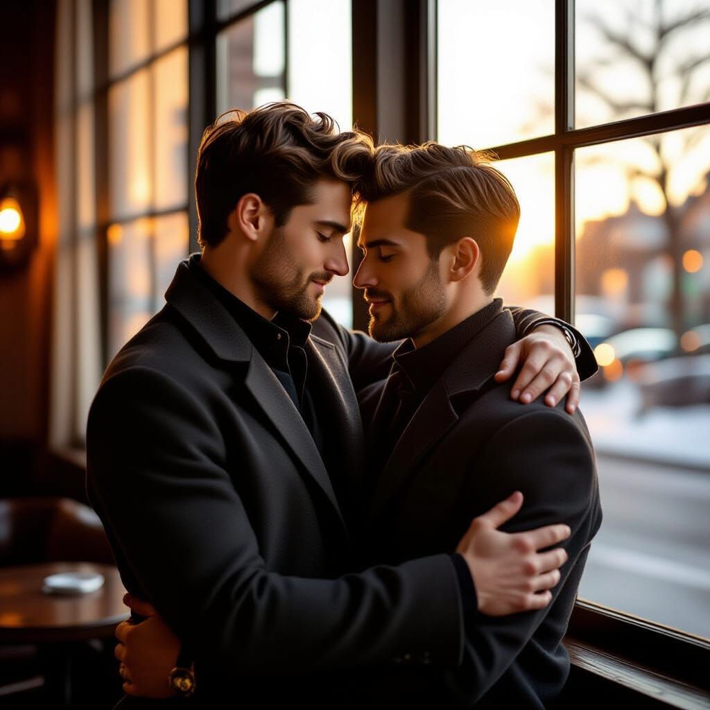 Intimate Embrace of Two Men in Warm Sunlight