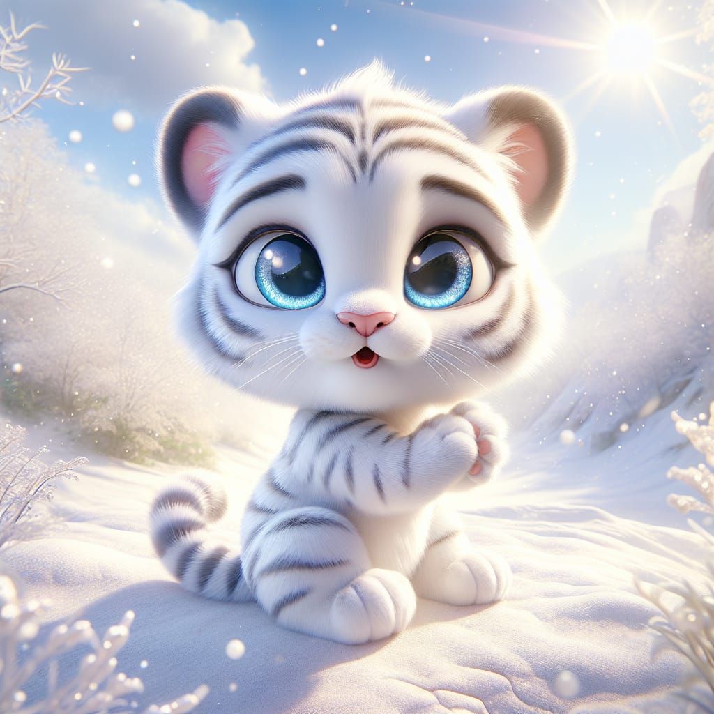 Anthropomorphic White Tiger in Falling Snow
