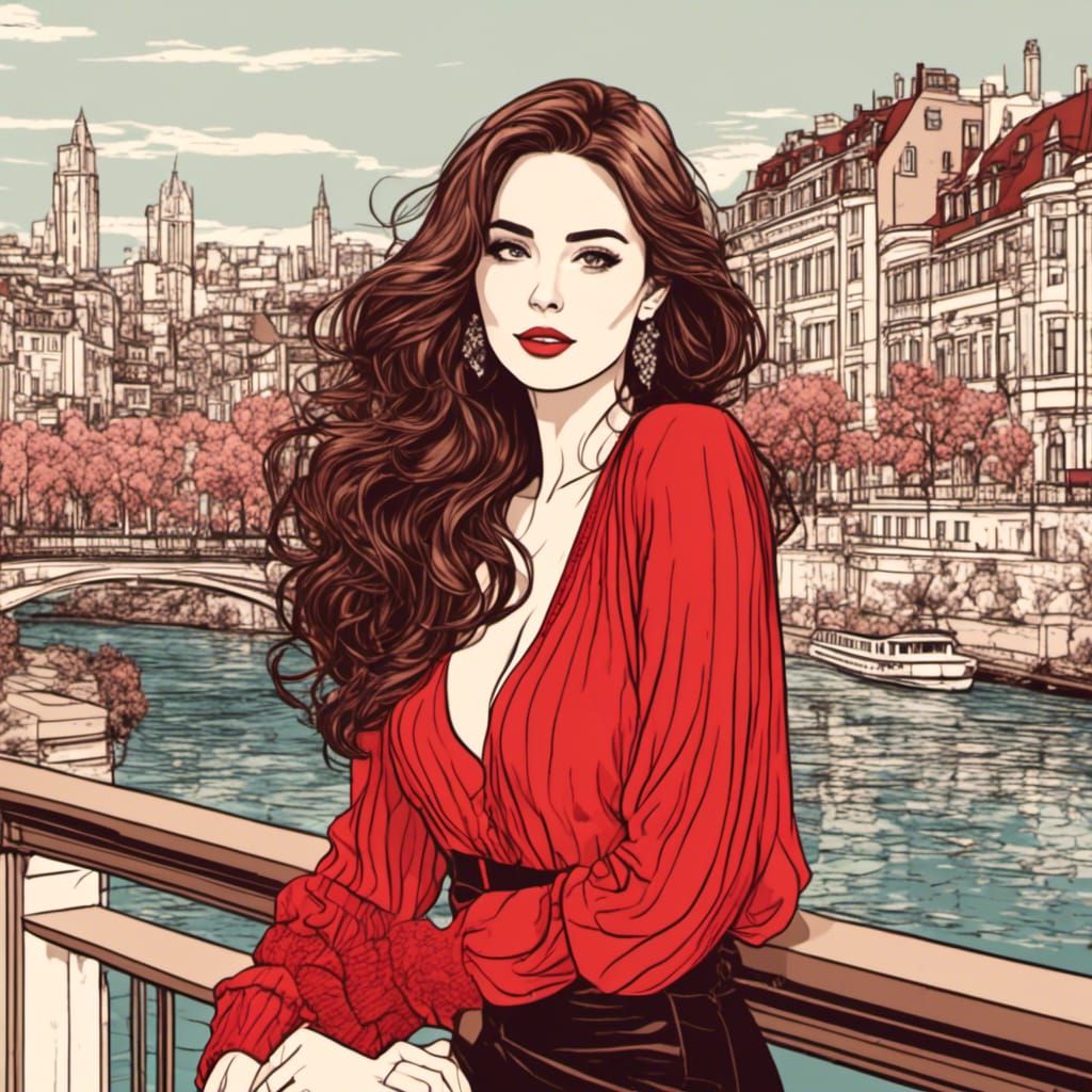 <lora:Line Art Style:1.0> Wonderful woman, long brown hair, ...