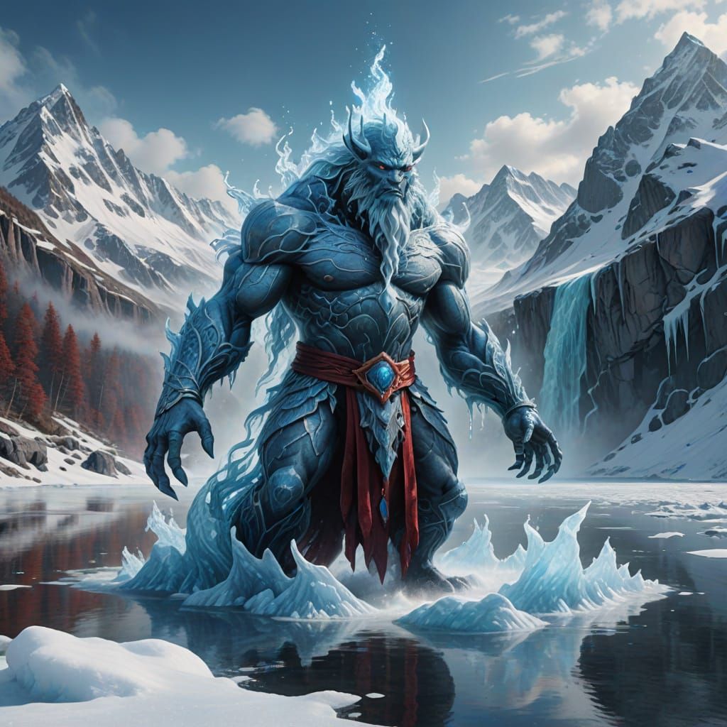 Water Genie on Frozen Lake in Snowy Mountains