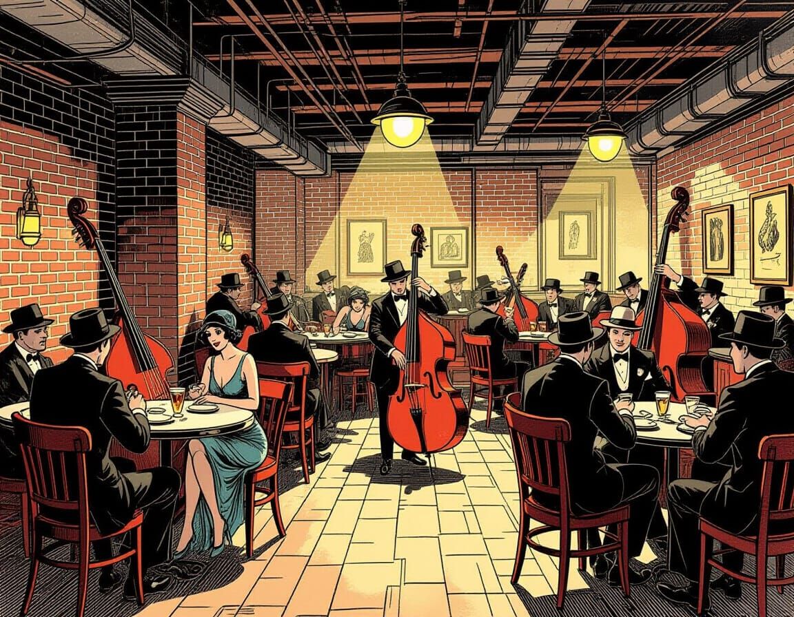 Roaring 20s Speakeasy Scene as Ink Drawing