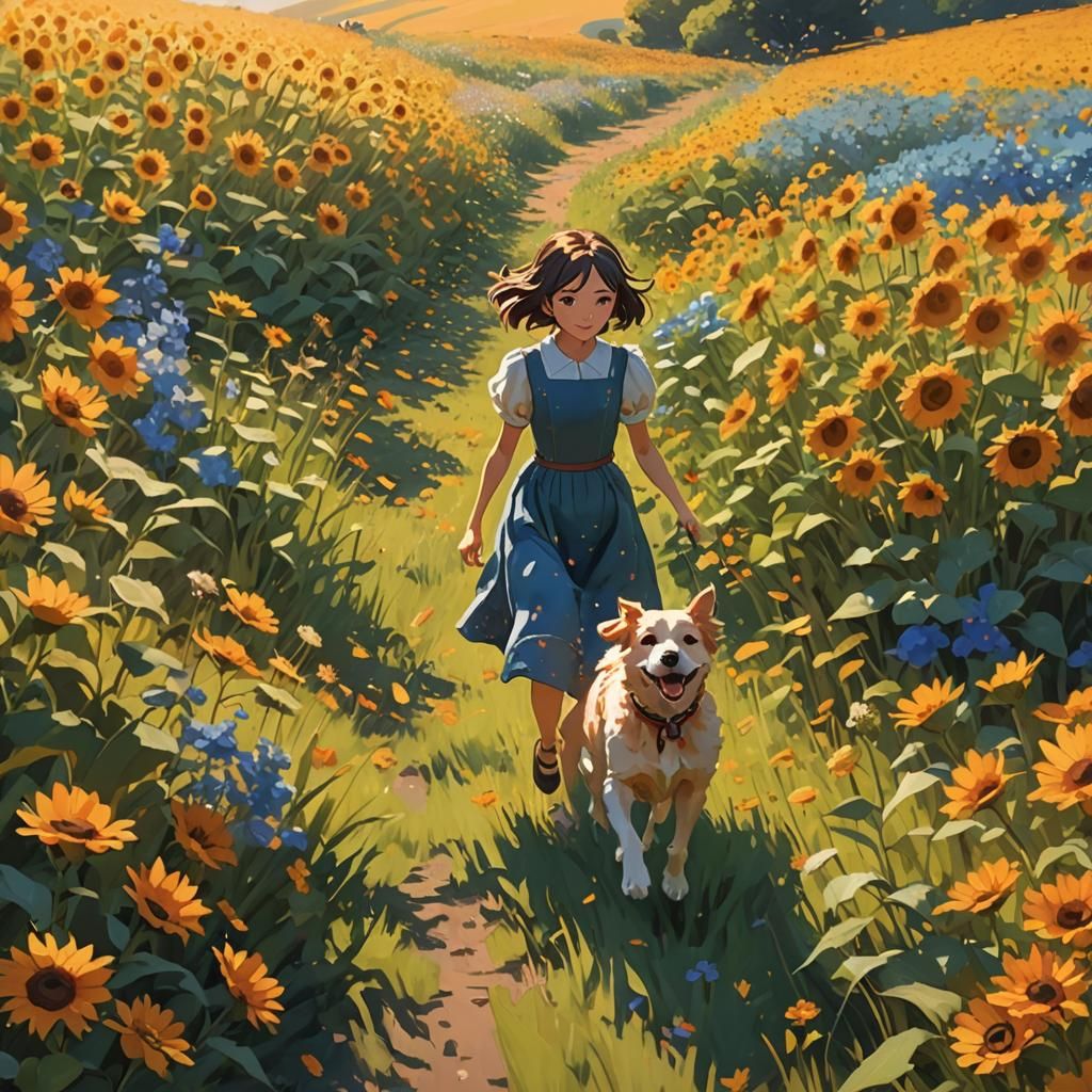 Girl and Dog in Flower Field, Impressionist Style
