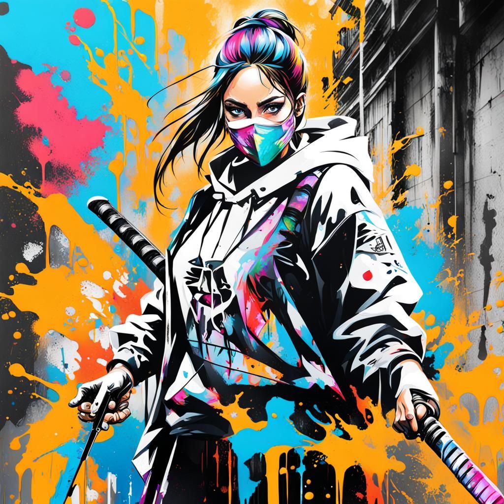 Woman Warrior with Sword in Graffiti Art Style
