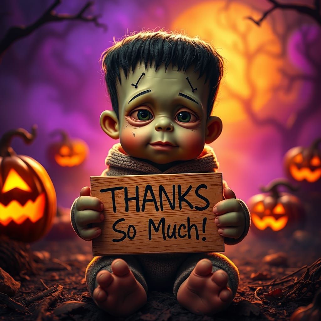 Adorable Baby Frankenstein Says Thanks: Halloween Scene