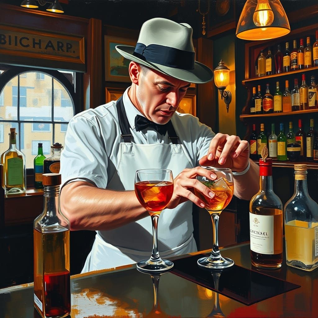 Bartender Mixing Old-Fashioned Cocktail, Abstract Oil Painti...