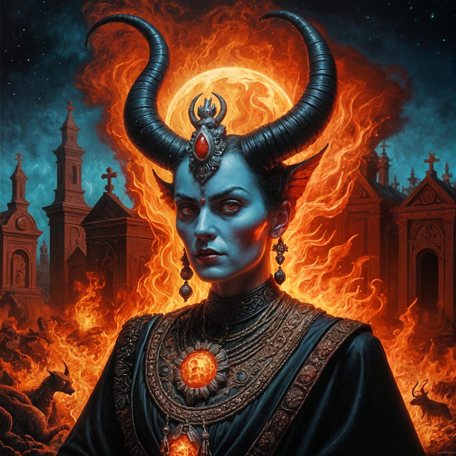 Ancient Demon in Graveyard, Surrealist Concept Art