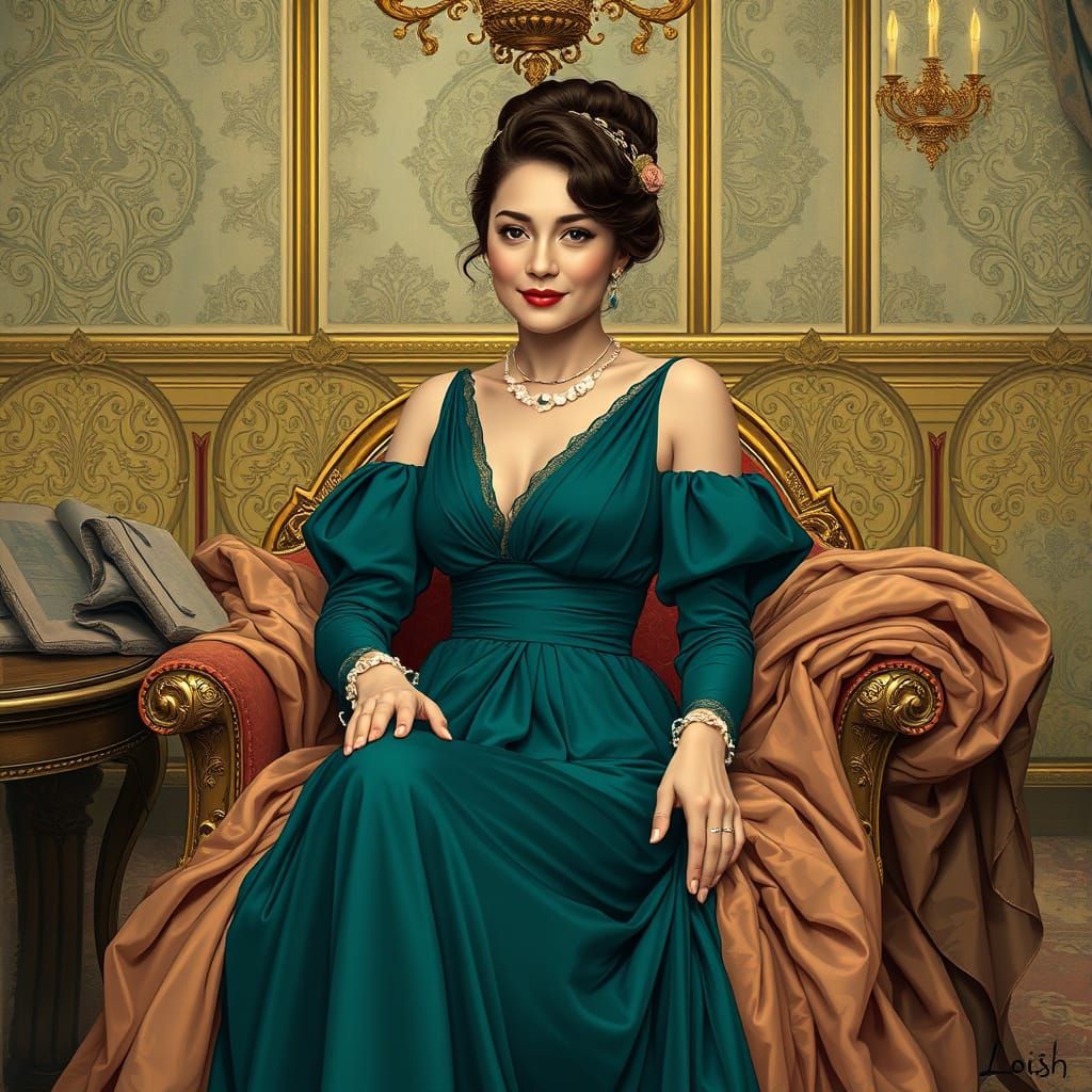 Elegant Woman in Lavish Room, Art Nouveau Style