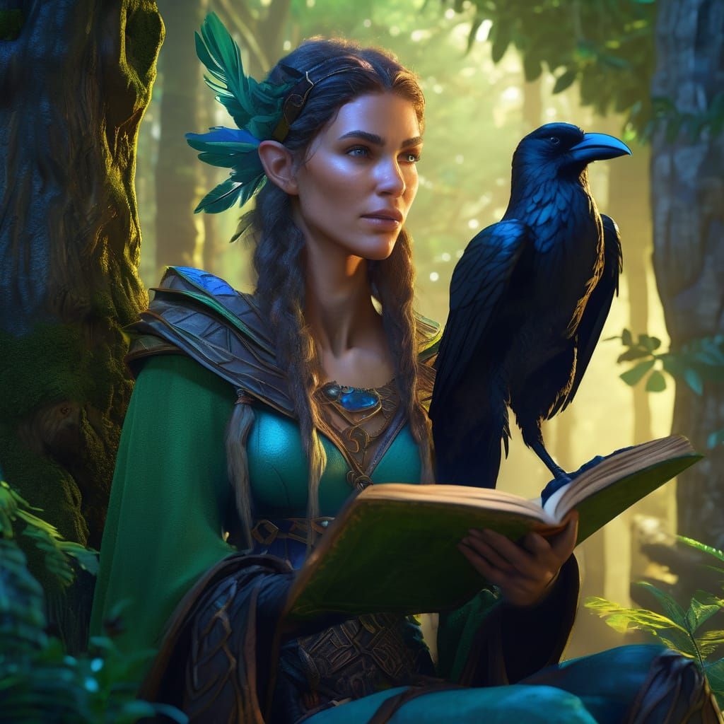 Wood Elf Druid in Forest Library: Fantasy Illustration
