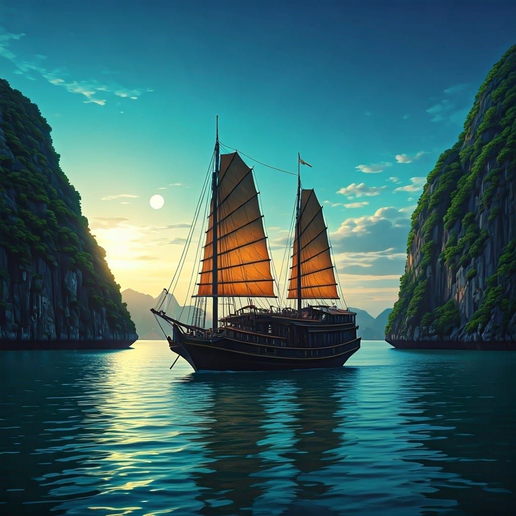 Chinese Junk Sails Mystical Halong Bay: Dreamlike Realism