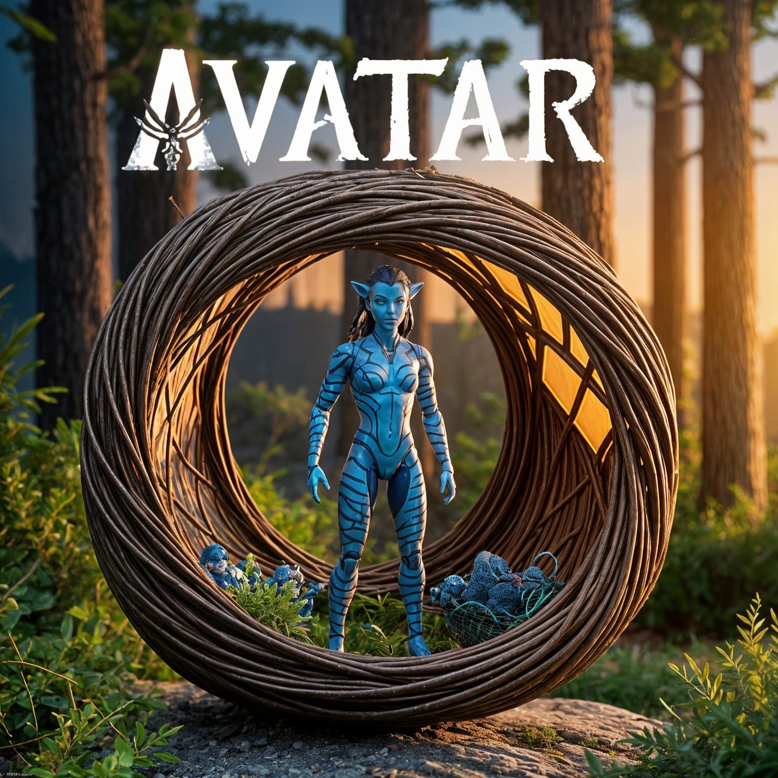 action figure box featuring a sci-fi blue "Avatar" character...