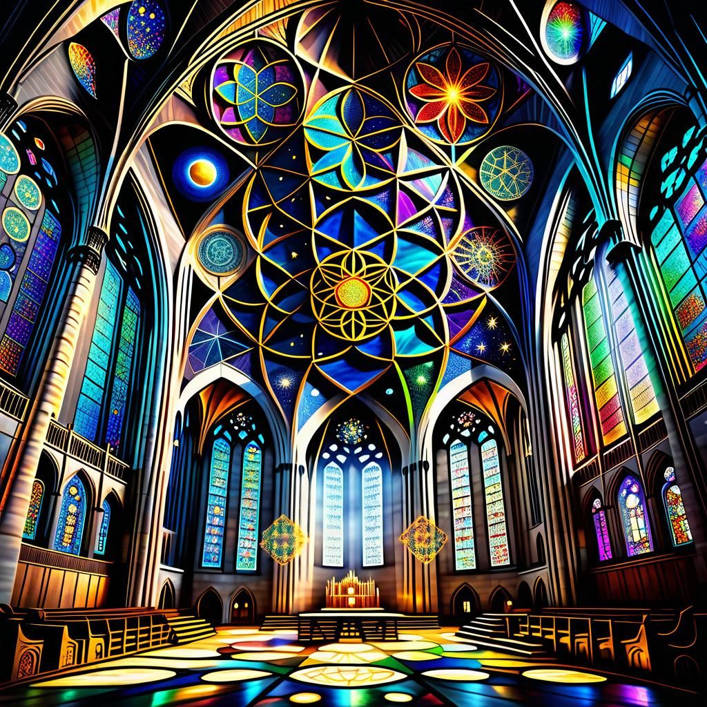 The ceiling of a grand cathedral adorned with sacred geometr...