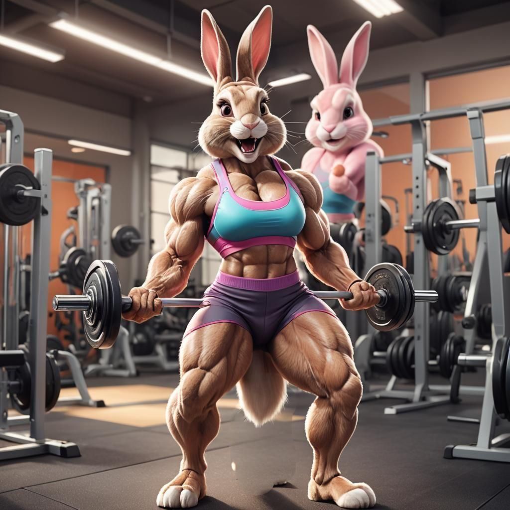 Anthropomorphic Bunny Weightlifter in Gym, Digital Art