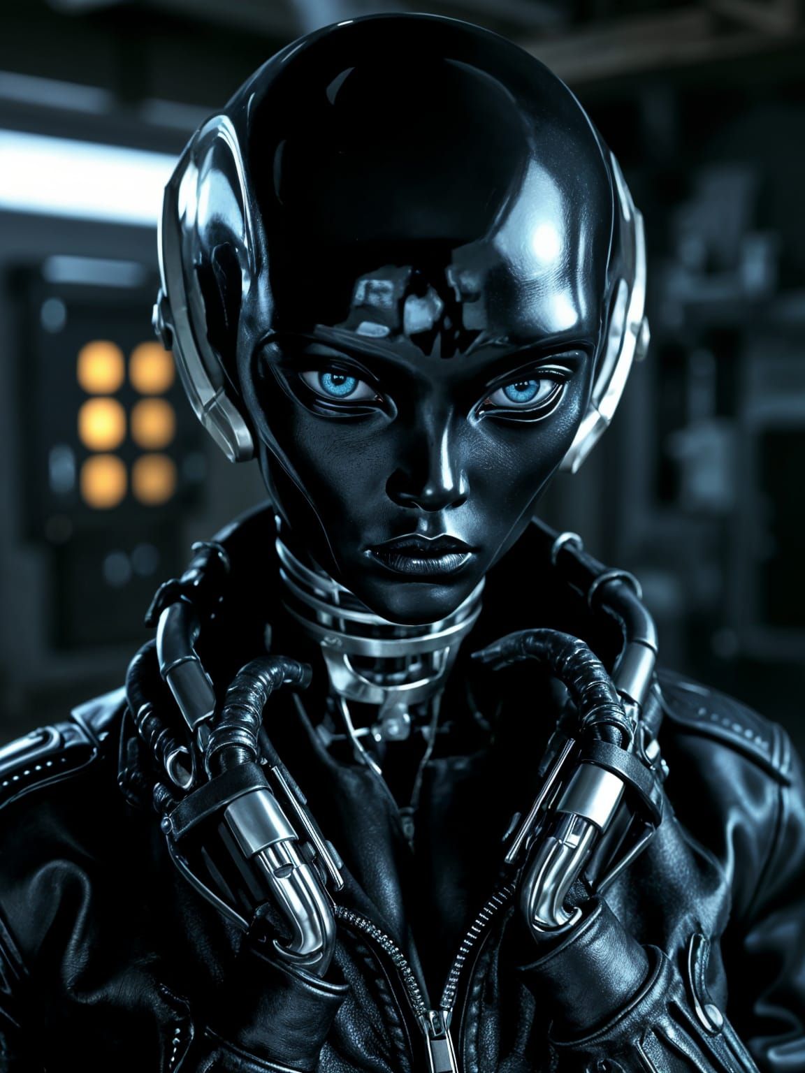 Cyberpunk Black Cyborg Alien in Dark Futuristic Environment