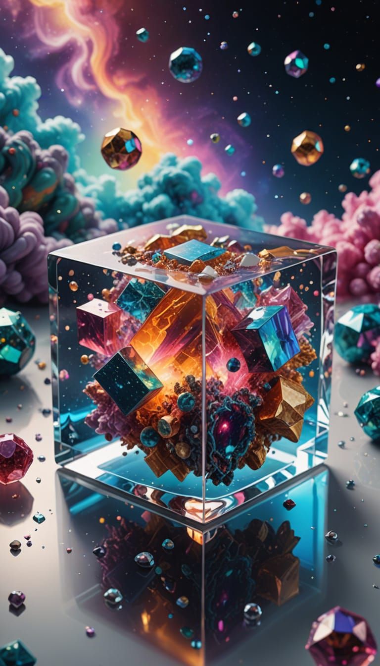 Vibrant Cosmic Glass Cube in Iridescent Holographic Universe