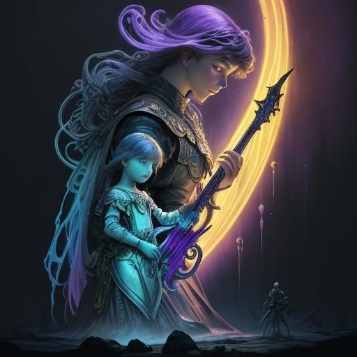 Woman and Child: Bioluminescent Futuristic Illustration