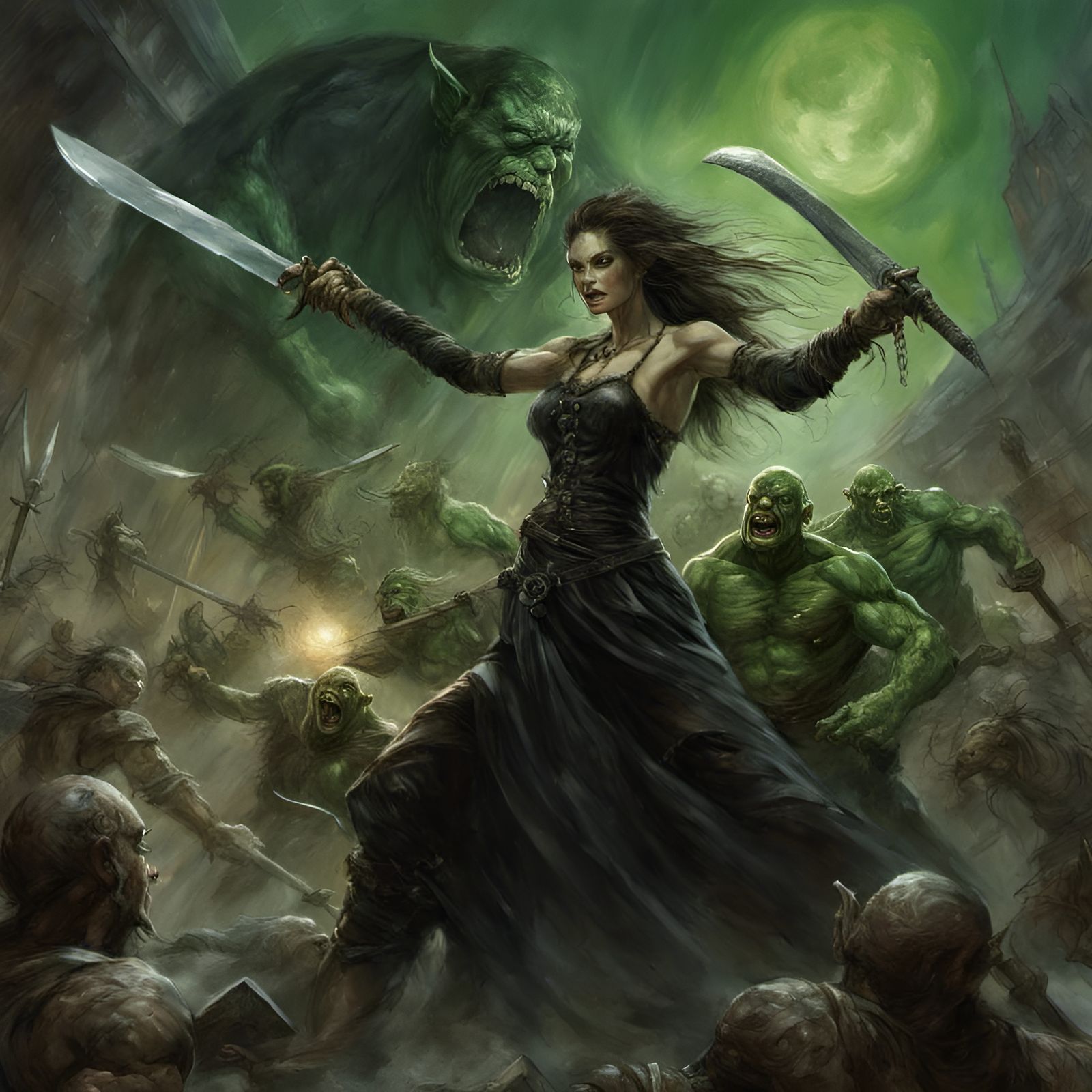 Female Wizard Battles Orc in Dark Fantasy Art