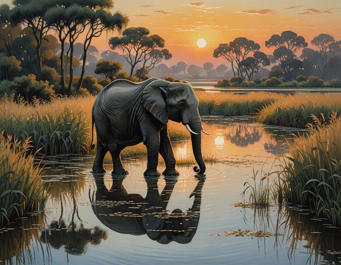 Elephant Contemplates River Landscape in Whimsical Ink Illus...