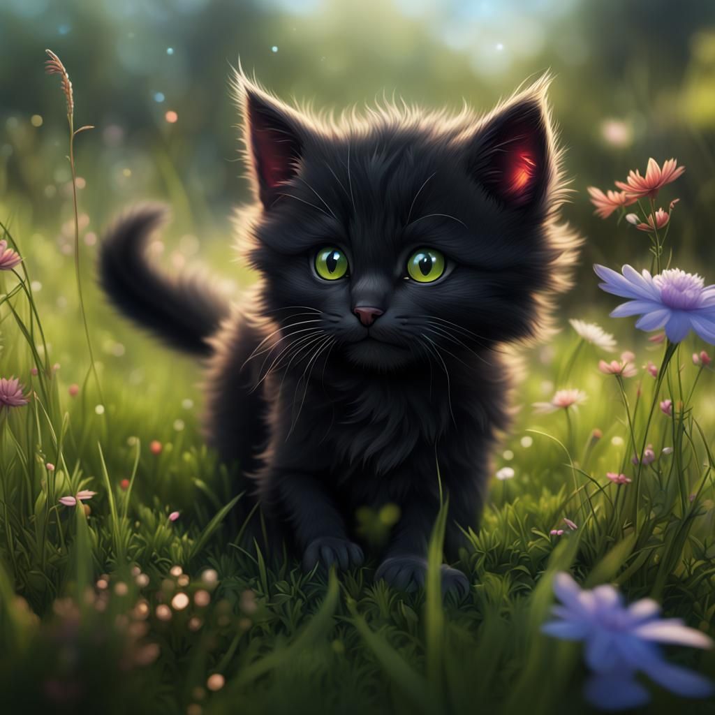 Happy Black Kitten Playing: Fantasy Concept Art