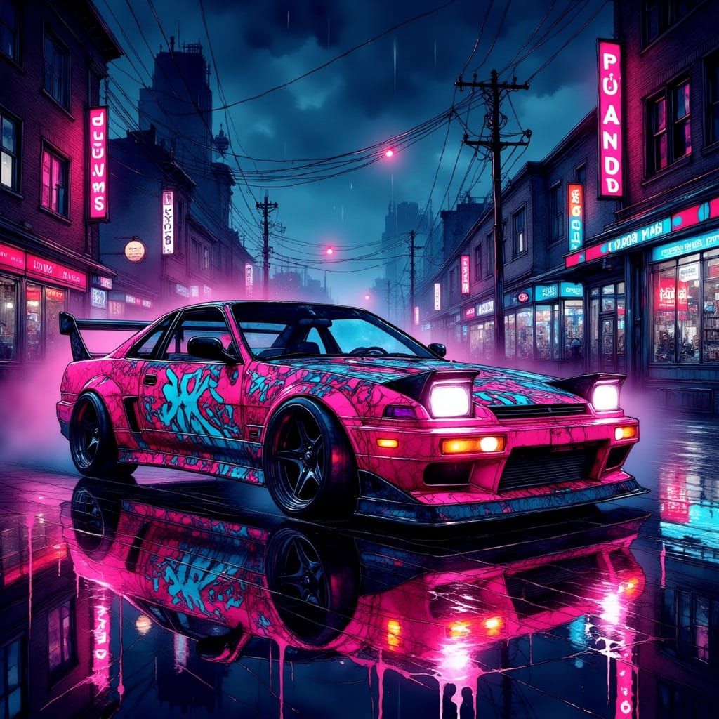 Cyberpunk Honda Prelude Graffiti in Rainy Cityscape