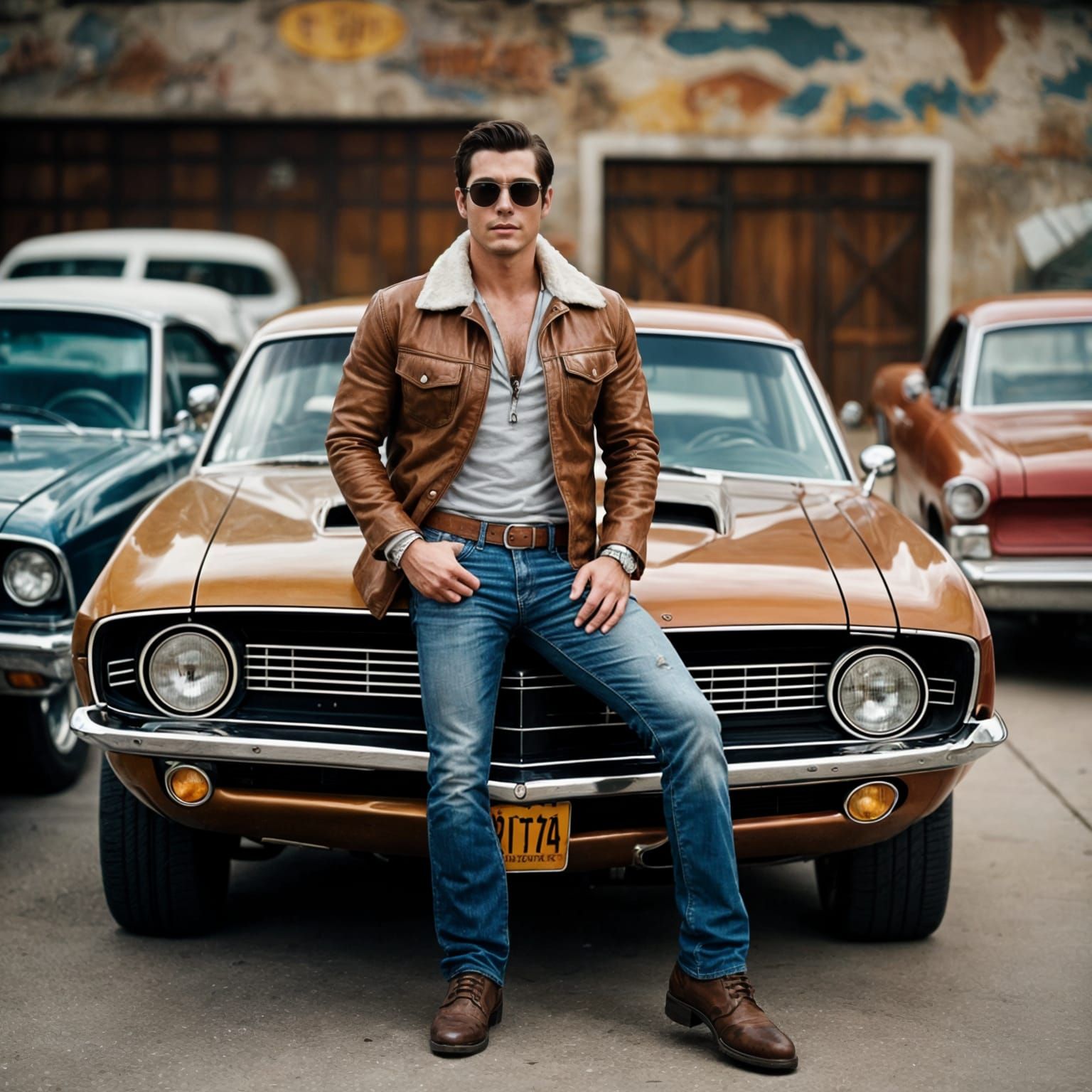 Retro Figure Leaning on Vintage Car in Surreal Style