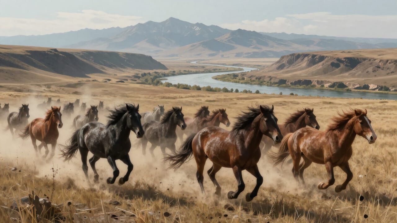 Wild Horses Gallop Across Vast Plateau