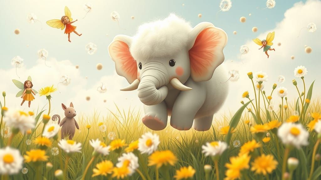 Whimsical Cloud Creature in a Sunny Meadow