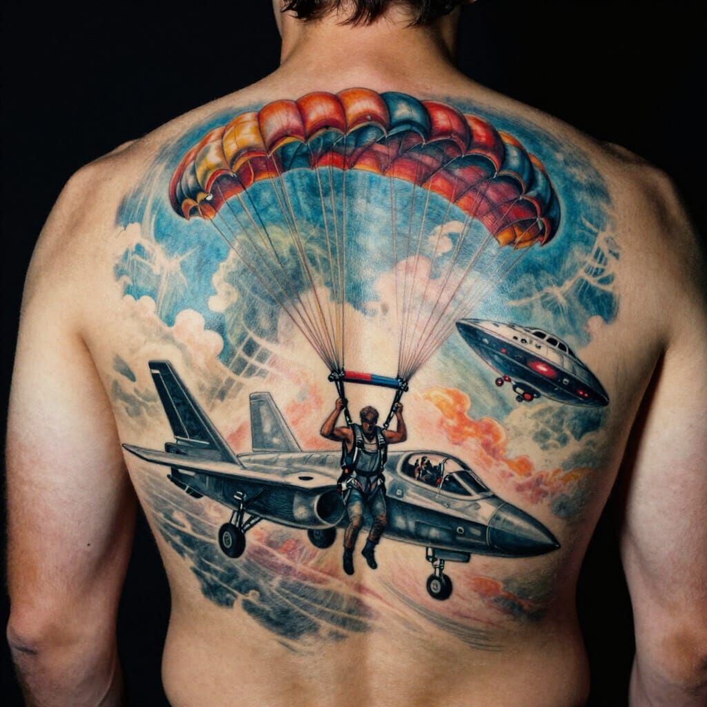 Realistic Tattoo Design: Parachutist, Jet, and UFO